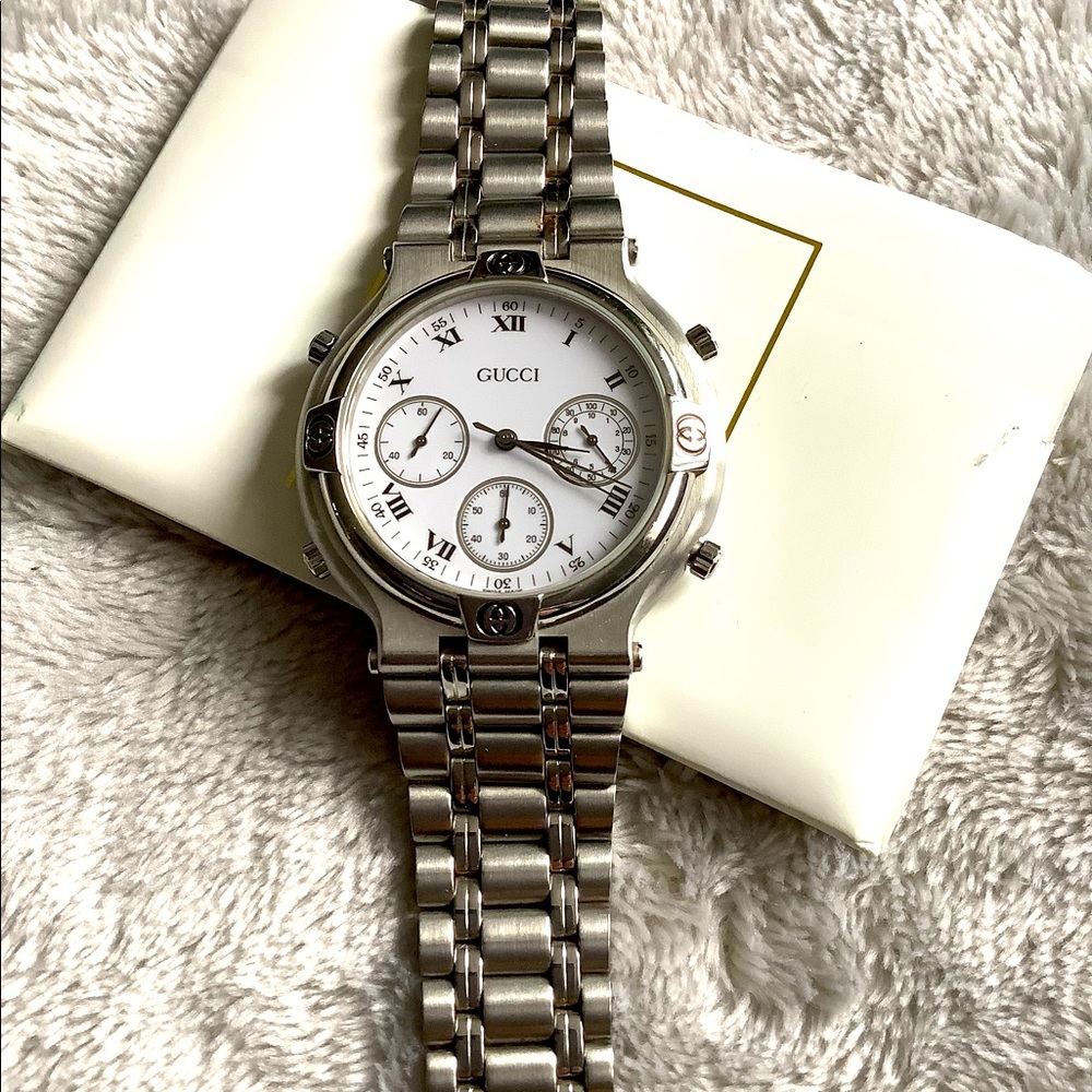 Gucci Silver Stainless Steel Chronograph Watch with White Dial